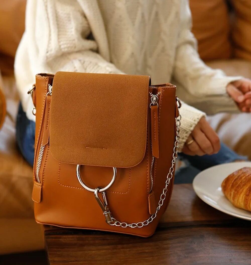 Lulus Convertible Backpack Handbag Brown Faux Leather Suede Flap O-Ring OS Fall